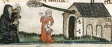 Darstellung einer Alewife im Bildzyklus des "Dreifach-sündigen Eremiten" auf Seite 114 der Smithfield Decretals, ca. 1300-1350